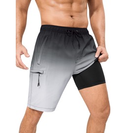 SILKWORLD Mens Swim Trunks with Compression Liner Quick Dry No-Chafing Beach Shorts for Men with Zip Pockets,Black&Gray Gradient,X-Large