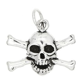 LGU Sterling Silver Oxidized Skull and Crossbones Jolly Roger Pirate Charm Pendant