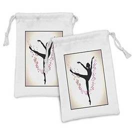 Ambesonne Ballet Fabric Pouch Set of 2, Silhouette of a Woman Ballet Dancer on Stage with Soft Paintbrush Marks, Small Drawstring Bag for Toiletries Masks and Favors, 9" x 6", Black Pink Ivory