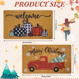 2 Pcs Welcome Doormat Set Fall Imitation Coir Doormat Christmas Door Mat Thanksgiving Imitation Coir Welcome Floor Mat for Porch Entry Staircase Bathroom Decor 18 x 30in