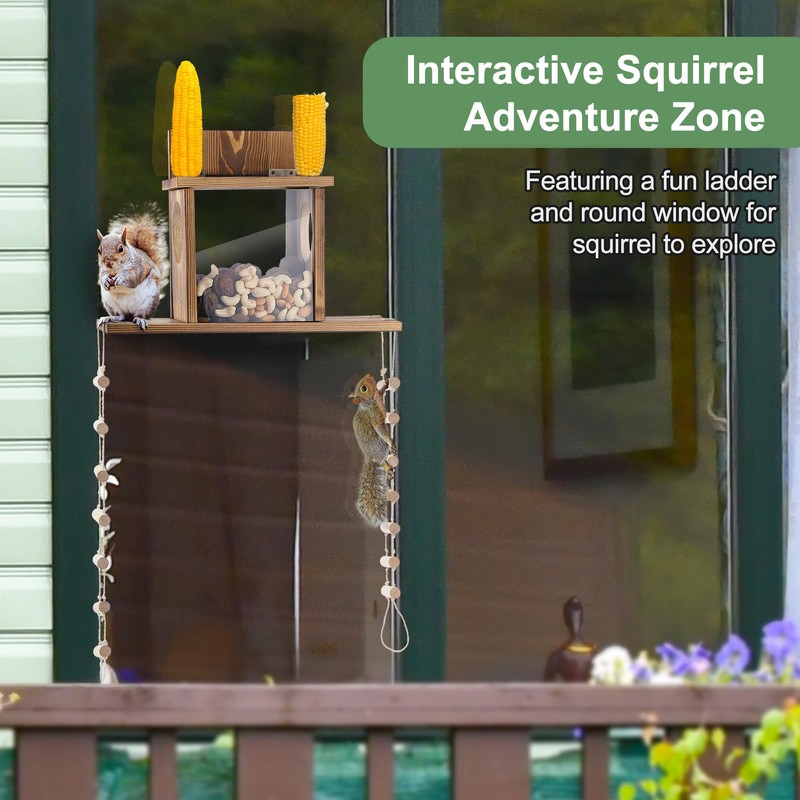 Enhon Wood Squirrel Feeder for Outside, Window Squirrel Feeder with