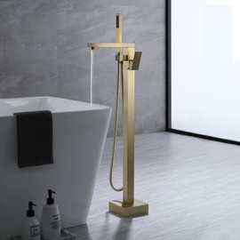 TapLong Brass Freestanding Bathtub Faucet Single Handle Brushed Gold Bath Tub Filler Faucet with Hand Shower High Flow Rate Max 6 GPM, Floor Mount, 51001BG