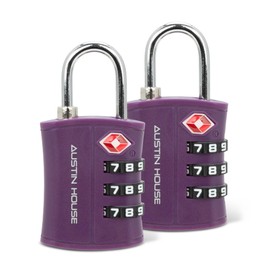 Austin House Travel Essentials Luggage Lock – 3-Dial Combination Padlock with Lightweight ABS Housing & Strong Steel Shackle, Travel Sentry Approved & TSA Accepted – Purple (2 Packs)