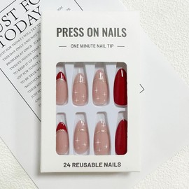 Red Press on Nails Medium Almond Fake Nails with Designs French Tip False Nails Press ons Gold Glitter Glossy Full Cover Glue on Nails Acrylic Artificial Cute Stick on Nails for Women Manicure 24Pcs