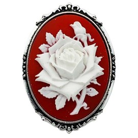 Red and White Rose Resin Cameo Brooch Silvertone