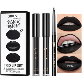 HERBENJOY 3Pcs Black Matte Liquid Lipstick,Lip Liner,Lip Gloss Trio Lip Set Waterproof Long-Lasting Moisturizing Non-Fading Velvety Lip Stain One Step Lips Makeup Kits Gift For Women