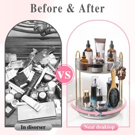 Megapuxin Rotating Makeup Organizer for Vanity,Large Perfume Organizers Skincare Make Up Storage Cosmetic Dresser Organizer Countertop Organizer with Hooks DIY Stickers for Bathroom