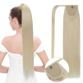 S-noilite Real Hair Extensions Made of Straight and Long Natural Hair - Ponytail with Unique Headband - Human Hair Ponytail Extensions - #60 Platinum Blonde, 55 cm - 95 g