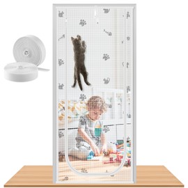 Morikey Cat Screen Door, Fits Door Size 30" x 80", Cat Proof Screen Door Mesh with Bilateral Zipper, Pet Screen Door for Living Room, Kitchen, Bedroom, White
