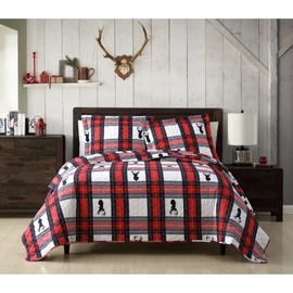 Elegant 2 Piece Twin Size Fall Christmas Quilt | Plaid Waffled Bedspread with Holiday Autumn Themed Deer Decor | All Seasons Cottage Core Bedding Warm | Soft Luxurious Look Red White Black Color