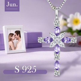 JiaYang Sterling Silver Cross Necklace for Women, 12 Birth Stone Colour Cubic Zirconia Double Cross Pendant Faith Jesus Christian Jewellery, Sterling Silver