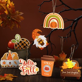 BBTO 36 Pack Fall Thanksgiving Wooden Ornaments Autumn Pumpkin Gnome Leaf Truck Cutouts Hello Decorations Hanging with Hole Ropes for Harvest Party (Exquisite), Yellow,Orange,Brown