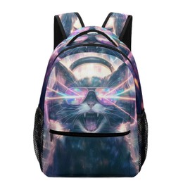 KOYI Cat Backpack for Kids - Crazy Lazer DJ Cat with Sunglasses School Backpack - Funny Animal Bookbag for Girls and Boys - Children Daypack Travel Laptop Backpack, 16.5 Inch