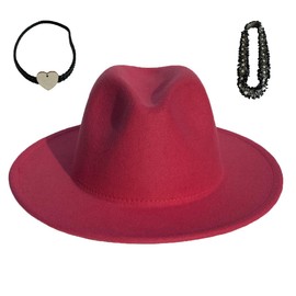 JK Home Wide Brim Fedora Hat - Felt Panama Cap - 2pcs Adjustable Bands - Vintage Style Cosplay Rose Red