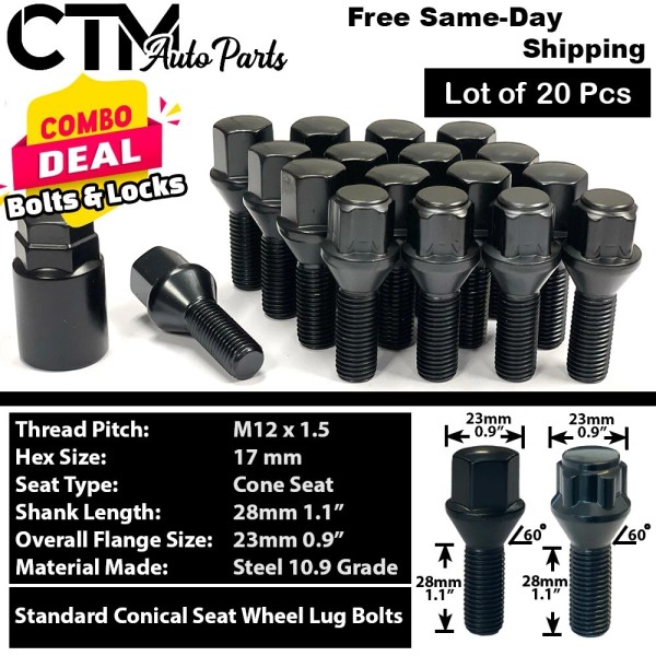 CTM 20x Black 12x1.5 Cone Seat Lug Bolt + Wheel