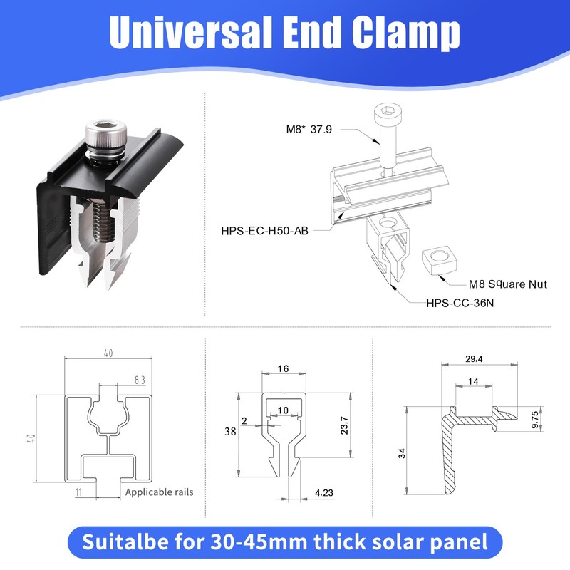 Pack of 6 Solar End Clamps, Solar Panel Holder End