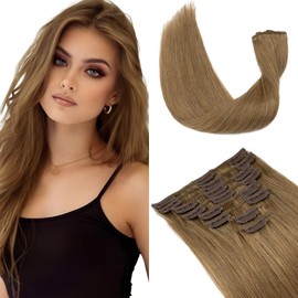 Elailite Clip in Hair Extensions Real Human Hair - 8 Pieces Thin Weft Full Head Remy Hair Straight - #6 Light Brown - 12 Inch (55 g)