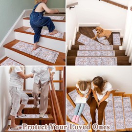 Ileading Non Slip Stair Treads for Wooden Steps Set of 15, 30" X 8" Soft Indoor Stair Rug Runner Boho Stair Carpet Strips with Rubber Backing Staircase Step Treads Covers for Kids, Pets, Light Brown