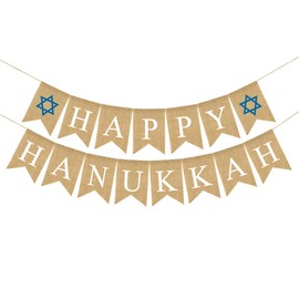 BESTOYARD HAPPY HANUKKAH Letters Bunting Banner Linen Burlap Banner Hanukkah Decoration Hanukkah Party Sign