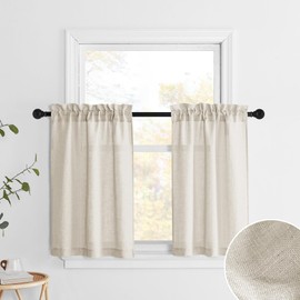 PONY DANCE Kitchen Curtains 24 inch Length Set of 2, Linen Textured Semi Sheer Boho Farmhouse Short Curtains for Small Bathroom RV Basement Country Half Window Tier for Cafe, 26 inch Wide, Beige
