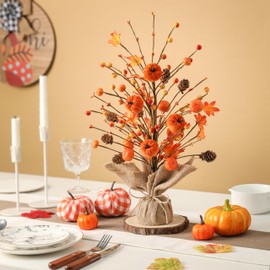 Fall Tabletop Tree Decor 18”Artificial Fall Tree with Pinecones, Pumpkins Maple Leaves, Rustic Burlap Base for Home, Office Outdoor Autumn Decor