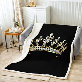 Gold Crown Fleece Throw Blanket Women Luxury Diamonds Plush for Bed Sofa Couch Kids Luxurious Gorgeous Sherpa Blanket Breathable Gray Black Fuzzy Room Decor 40"x50"