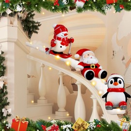 Liliful Set of 3 Christmas Stairway Decoration Resin Holiday Decor Sliding Winter in Snow Carpet with LED Lights and 20 Ribbons for Handrail Decoration Banister Stairway Gift(Red,Santa Claus)