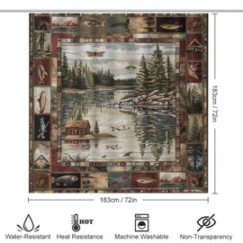HDESDIS 4Pcs Vintage Jungle Lake Shower Curtain Set, Farmhouse Cabin Fish Bathroom Decor Set with Rug Bathroom Accessory Bathroom Curtain Shower Set, 72" x 72"