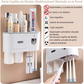Soporte para Cepillos Dientes,Porta Cepillos Dentales Montado en la Pared, Dispensador Automático de Pasta de Dientes con 2 Tazas,sin Perforación,Organizador de Baño Caja para 4 Cepillo Dientes