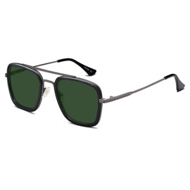 SOJOS Retro Square Polarized Sunglasses for Men Women Goggle Classic Alloy Frame HERO SJ1126 with Gun Frame/Black Rim/Green Lens