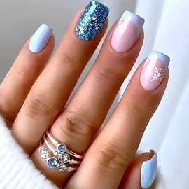 BFY Snowflake Press on Nails Medium Square Winter Christmas Fake Nails, Blue French Glitter Acrylic Nails Stick Glue on Nails, Shiny Nude False Nails Kits Winter Xmas New Year Nail Accessories 24 Pcs