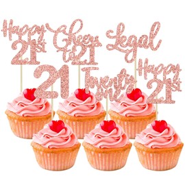Paquete de 30 adornos para magdalenas de cumpleaños 21 de feliz cumpleaños con purpurina de oro rosa de veintiún a 21 años de edad, para decoraciones de pasteles de feliz cumpleaños 21 aniversario