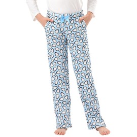 HDE Pantalones de pijama de forro polar para niña, ropa de dormir suave, casual, mullida, Pingüinos lindos, XL