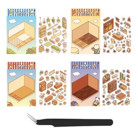 SGERUFZ Set of 4 DIY 3D House Stickers, Cute Stickers, DIY Scene Stickers, Miniature Scene Stickers with Tweezer, Gift for Children
