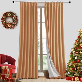 IVAPUPU Thick Linen Blend Pinch Pleated Blackout Curtains for Bedroom - Full Black Out Gold Curtains 90 Inch 2 Panels Set for Living Room Darkening Thermal Window Curtain Drapes with 16pc Hooks