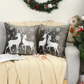 Lewondr Christmas Soft Velvet Throw Pillow Cover, 2 Pack Deer Snowflake Embroidery Decorative Throw Pillow Case Luxurious Sofa Cushion Cover for Home Christmas Decoration 18"x18"(45x45cm), Gray