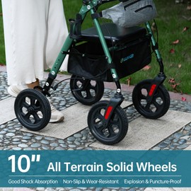 ELENKER All Terrain Rollator Walker with Seat for Seniors, Foldable Rolling Walker, with 10” Big Solid Wheels, Front Pouch, Cup Holder, Fully Adjustment Frame, Green