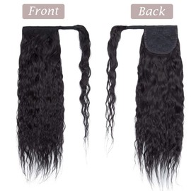 16 Inches Wrap Around Human Hair Ponytail Extensions 100% Remy Human Hair Long Corn Wave Curly With Comb Clip in One Piece Pony Tail Extensions For Girl Lady Women #01 Jet Black 16'' 80g