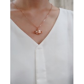 NOUMANDA Rose Gold Silver Plated Saturn Planet Necklace Stylish Collarbone Jewelry for Women (Silver)