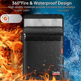 6400℉ Fireproof Document Bag with Zipper, 15”x 11” Waterproof Fireproof Money Bag with 2 Pockets, Safe Important Document Organizer for A4 A5 Legal Letter Size, Valuables, Legal Documents (Black)