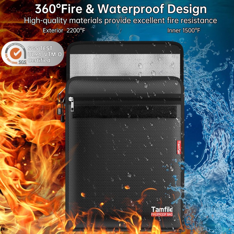 6400℉ Fireproof Document Bag with Zipper, 15”x 11” Waterproof Fireproof