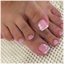 24Pcs French Tip Press on Toenails for Women Toe Nail Press ons Short Square Fake Toenails with White Flowers Design Fake Toe nails Manicure Luxury Glossy Toenail Press on nails