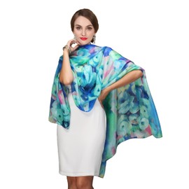 Sichdew Women's 100% Mulberry Silk Long Scarf-Floral Print Lightweight Scarves-Oblong Summer Travel Sunscreen Shawl 69" x 43" (blue green)