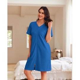 Ekouaer Women Zipper Robes Waffle Short Bathrobe Lightweight House Coat with Pockets Soft Nightgown(Royal Blue, Small)