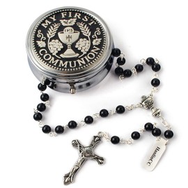 HanlinCC 6mm Black Color Glass Pearl Prayer Beads First Communion Rosary with Chalice Center Piece and Crucifix in Anti-Silver Plated for Boy Pack in Holy Cup Metal Gift Box