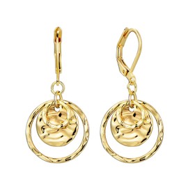 Gemynix 14K Gold Plated Hammered Double Disc Dangle Drop Earrings for Women Lightweight Hypoallergenic Leverback Statement Jewelry for Womens Trendy Gifts-G