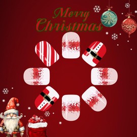 Christmas Press on Nails Short Square Fake Nails with Red Glitter Designs White French Tip Acrylic Nails Glossy Glue on Nails Nude False Nails Artificial Stick on Nails for Women 24Pcs