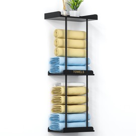 MinBoo Bamboo Bathroom Towel Storage Rack, Towel Racks for Bathroom Wall Mounted with Shelf Can Holds Large Towels, Wall Towel Rack for Rolled Towels, Black