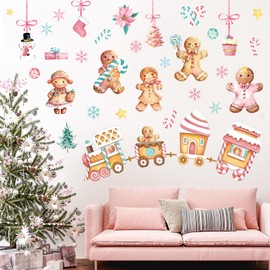 Whaline Christmas Wall Stickers Watercolor Pink Gingerbread Man House Candy Cane PVC Wall Decals for Winter Party Home Classroom Office Decoration, 2 Sheets