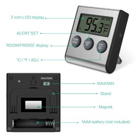 ORIA Refrigerator Thermometer, Digital Fridge Thermometer with High Low Temperature Alarm, Memory Function, Magnet, Freezer Thermometer for Kitchen, Home, Restaurants – Black